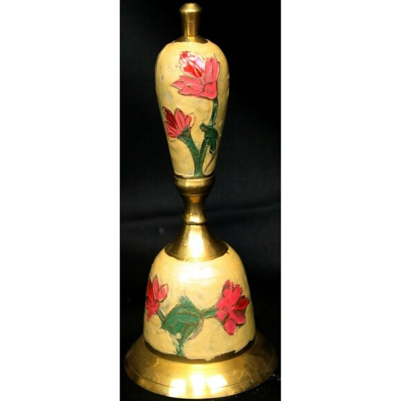 Metal Golden Brass Hand Bell Cream Enameled Pink Red Floral Pattern - Picture 5 of 12